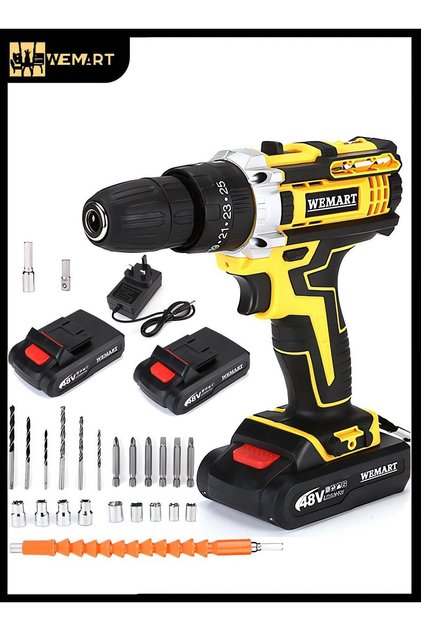 48V Cordless Drill Kit with Lithium-ion Battery and Charger, Variable Speed, 24-Piece - Yello