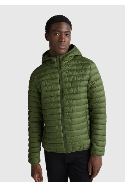 Men's Khaki Green Polyester Filled Regular Fit Hooded Puffer Coat