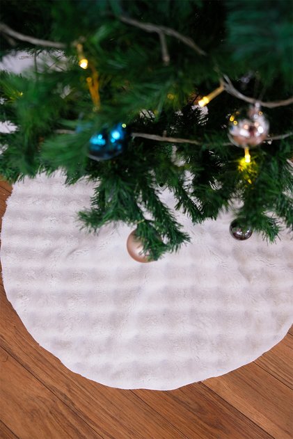 Peluş Krem Yılbaşı Çam Ağacı Altı Ayak Örtüsü Yıkanabilir Kumaş Kurdeleli 100 cm