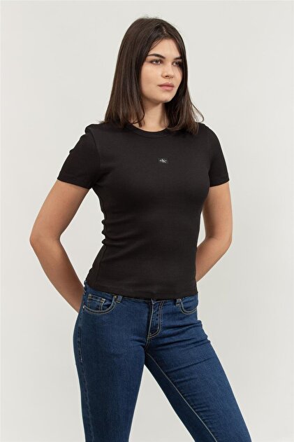 Calvin Klein Ck J20j225245 Woven Label Rıb Fıtted Tee Kadın Tshırt