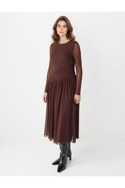 Brown Round Neck Long Sleeve Polka Dot Mesh Midi Dress