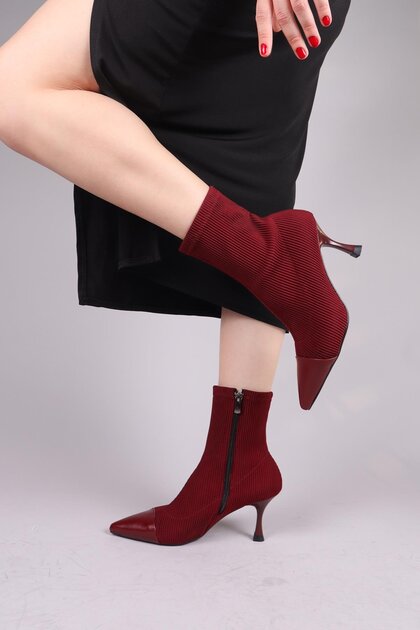 Vi̇rrey Skin g Paneled Strech Heeled Boots Bordo