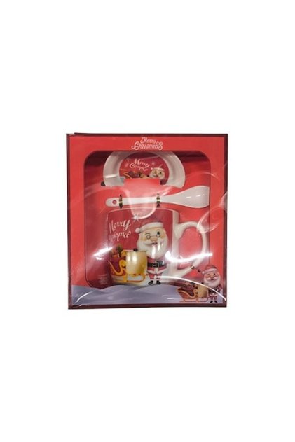 Cană ceramică cu linguriță și farfurie în cutie cadou, decorațiune de Crăciun, 350 ml