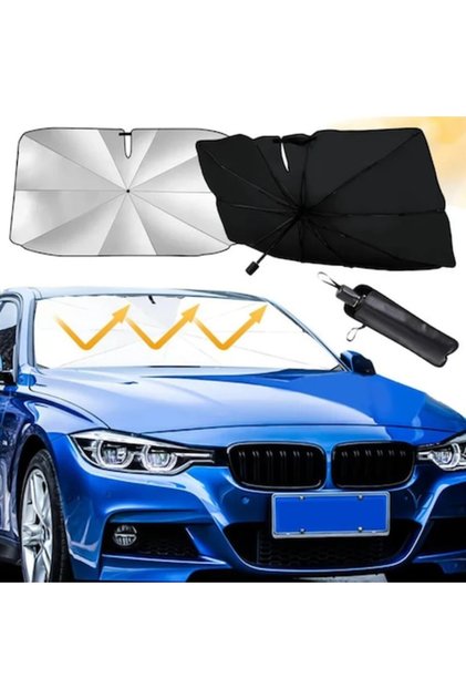 Parasolar auto pliabil, tip umbrelă, husă de depozitare, negru-argintiu, 140 x 80 cm, protecție UV