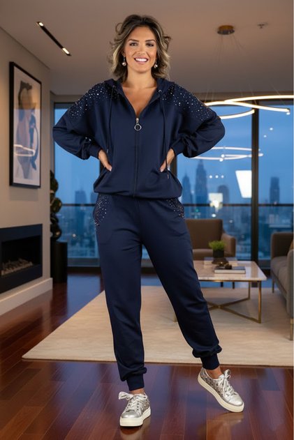 NAVY Shoulder and Pocket Stone Detail Tracksuit Set