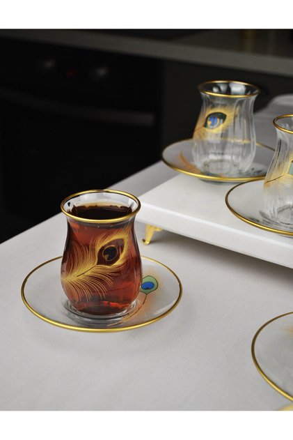 12 Piece Luxury Glass Tea Set for 6 People with Gold Detailing, Gold Color Embroidered Luxury Tea Set