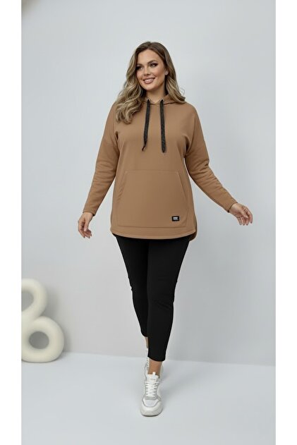 Kadın Büyük Beden Uzun Kollu Kapüşonlu Kanguru Cepli Sweatshirt 2016