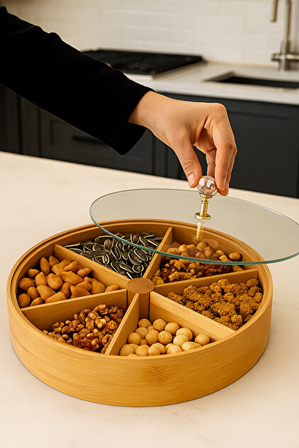 akdenizhome MIEN-963 Bambu Yuvarlak 6 Bölmeli Kapaklı Çerezlik