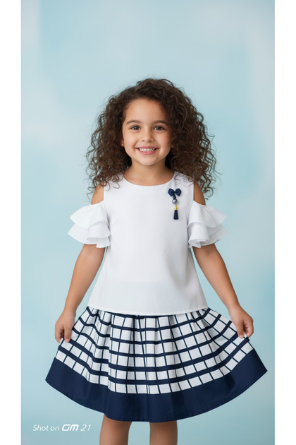 Navy Blue-White Girls' Skirt-Blouse Set