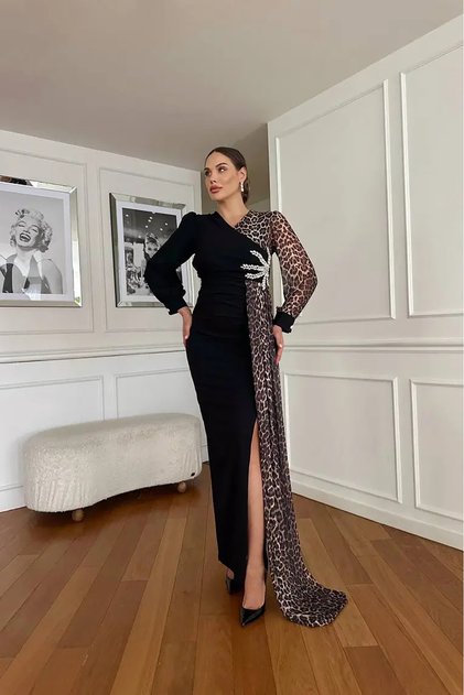 Women's Leopard Detailed Slit Evening Dress Nbnc2509