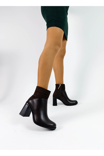 Brown Color Zippered Thick Heel Suede Leather Women's Heeled Boots