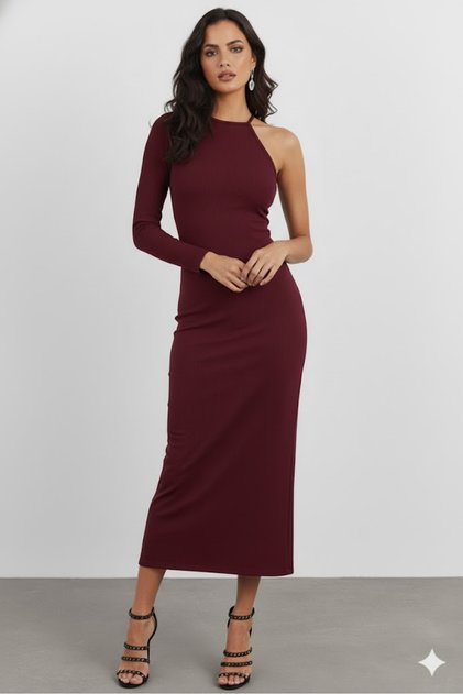One Shoulder Burgundy Ribbed Knit Maxi Dress