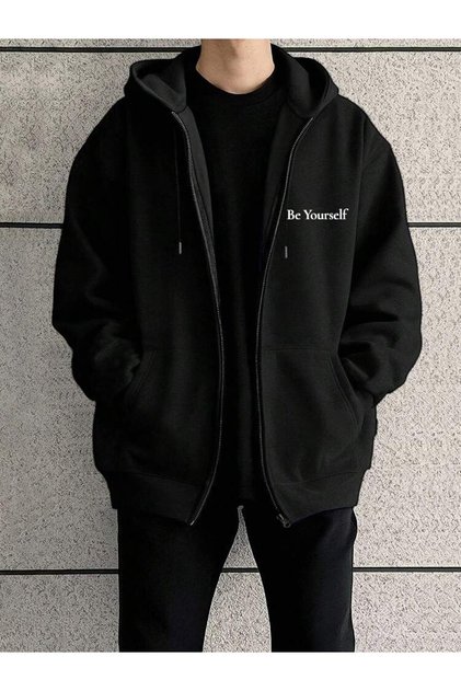 Be Yourself Written Zipper Hoodie - Black Unisex Sweatshirt