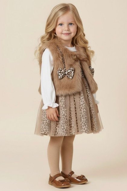 My Little Girl's Premium Baby Girl Dress Set with Fur Bow Detail and Leopard Tulle - Brown