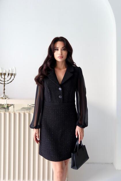 Serica Moda Black Chiffon Sleeves Tweed Dress- Trendyol