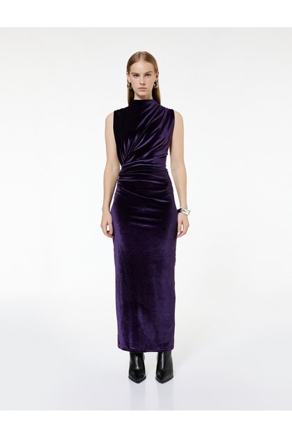 Long Sleeveless Draped Velvet Dress with Slit and Light Stand Collar