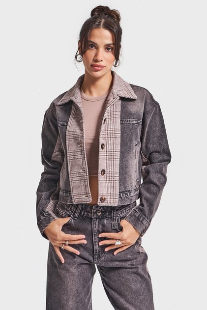 Women's Stonewashed Dark Denim Color 4W5-143 Double Piece Fabric Front Buttoned Special Design Denim Jacket