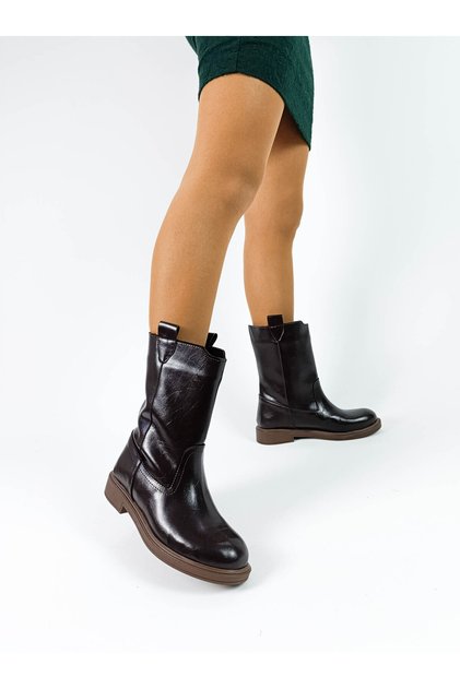 Brown Color Zipperless Thick Flat Sole Pull-On Women's Boots