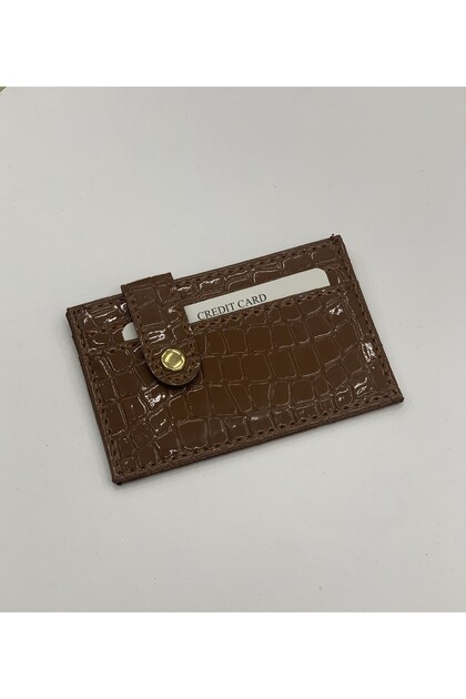 Women's Snap Fastener Shiny Crocodile Patterned Faux Leather Card Holder 7X11Cm