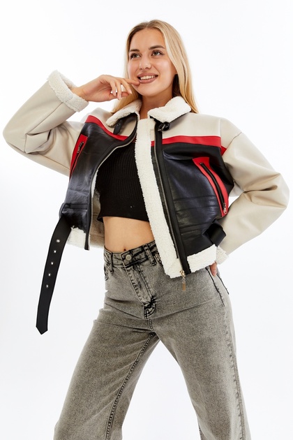 Women's Black Crop Coat Fur Buckle Zipper Streetwear Trend