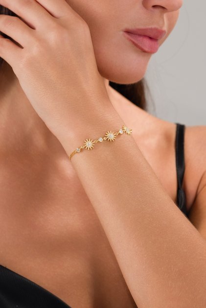 925 Ayar Gümüş, Mikro Zirkon Taşlı, Gold Kaplama, Güneş Bileklik