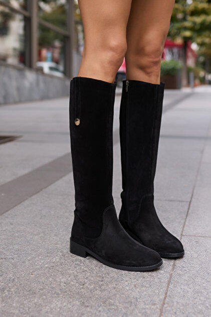 Denim Women's Black Genuine Leather Suet Back Elastic Detail Boots