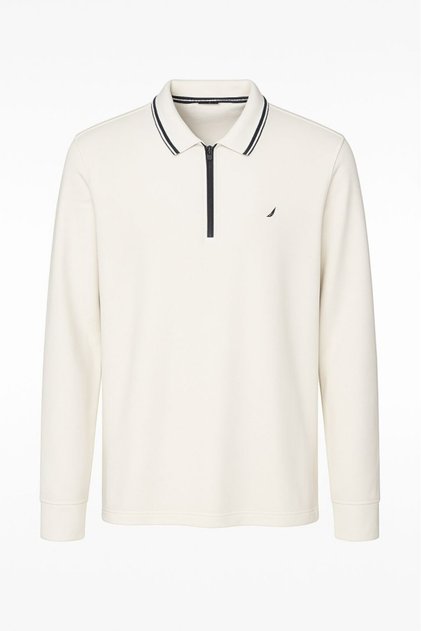 Erkek Beyaz Yarım Fermuarlı Modal Kumaş Polo Yaka Sweatshirt