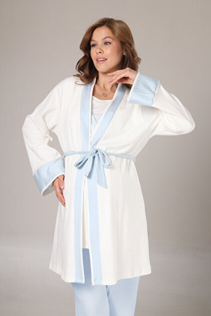 Kadın Mavi Kışlık Özel Tasarım Lohusa Hamile Sabahlık Pijama Takımı 3'lü Set