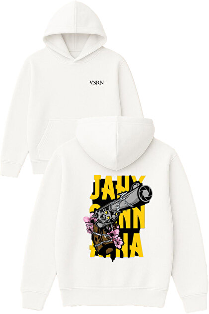 Six Stripes with Flowers Design Printed Oversized White Hooded Sweatshirt