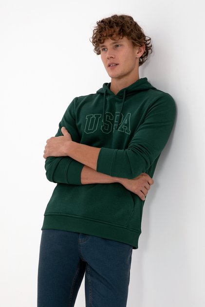 Men's Regular Fit Hooded Dark Green Basic Sweatshirt 50315663-Vr079