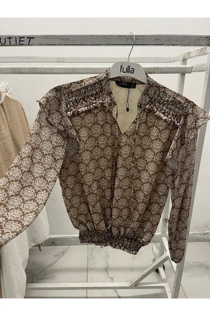 Retro Milk Coffee Vintage Shoulder Detail Women's Elastic Waist Chiffon Blouse
