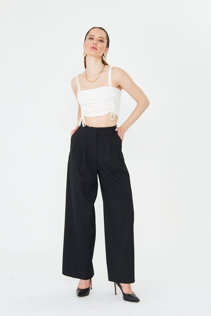 Women's Trousers Front Pleated Wide Leg Pants Stretch Fabric Loose Leg Casual Black Color