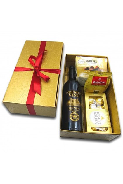 Pachet cadou original, CADOURI PREMIUM®, model Premio Vino cu vin rosu Feteasca Neagra, cafea Bianchi, praline Ferrero si trufe de ciocolata