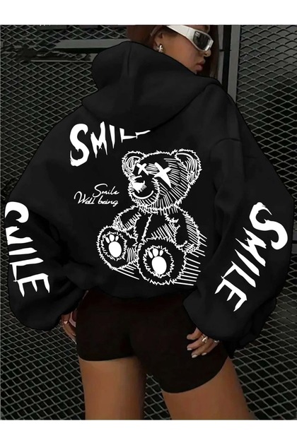 Kadınlar İçin Neşeli Yüz & Ayıcık Desenli Kapüşonlu Sweatshirt