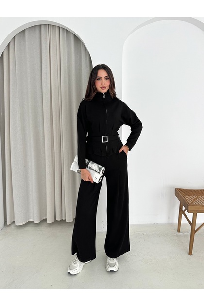 Women's Trendy Belted Waist Standing Collar Zippered Pocket Tracksuit Set