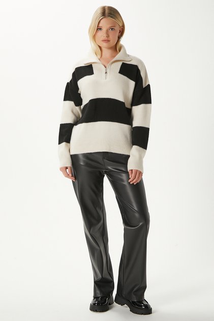 Women's High Soft Texture Polo Neck Zippered Stone Black Striped Knitwear Sweater Tz00424