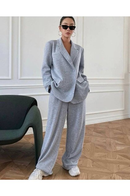 Women's Casual Pants and Jacket Knitted Fabric Double Set