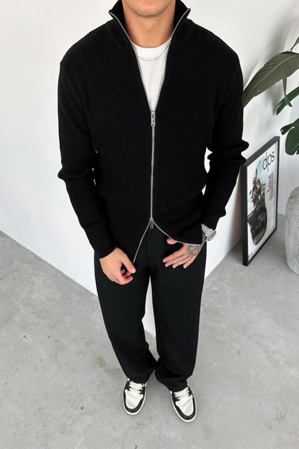 Black Full Zip Basic Knit Sweater