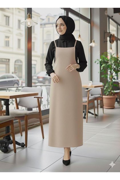 Bej Tesettür İp Askılı Jile (Elbise Uzun Boydan Salopet Elbise Moda Trendi)