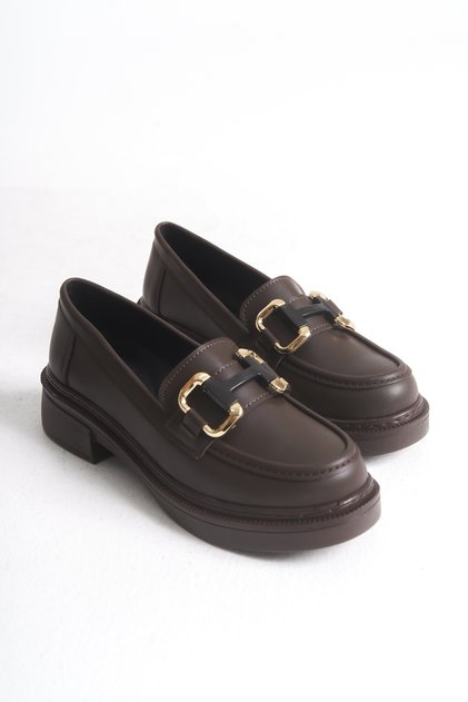 Women's Brown Loafer Moccasin H Buckle Flat Shoes