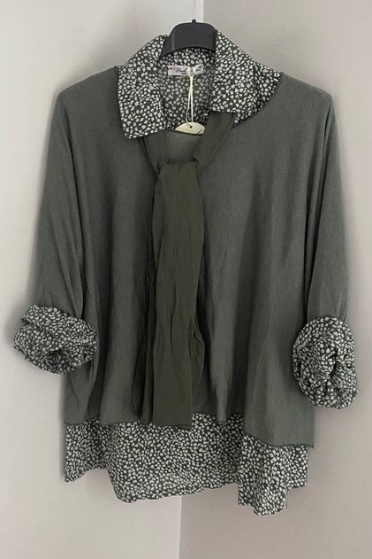 Women's Italian Khaki Green Mosaic Pattern Scarf and Shirt 3-Piece Knitwear Blouse