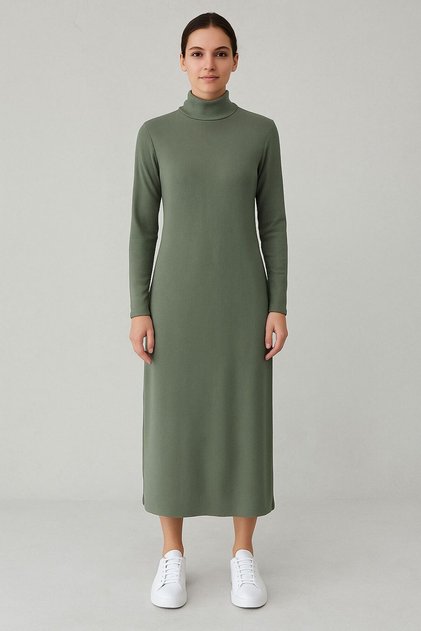 Ribbed Knit Lycra Fishing Collar Long Dress