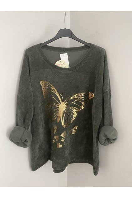 Women's Italian Khaki Gilded Butterfly Printed Casual Overseize Long Sleeve Velvet Blouse Tunic