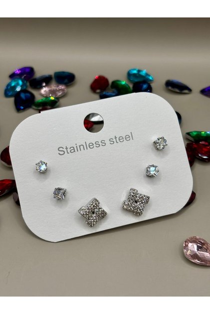 Steel Silver Color Combination Stone Earrings