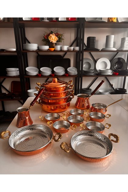 Copper pot, pan, shallow pan, sauce boat, cezve, 15-piece set