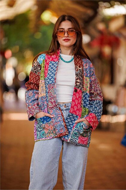 Yeşil Renk Cep Ve Düğme Detaylı Patchwork Bohem Ceket