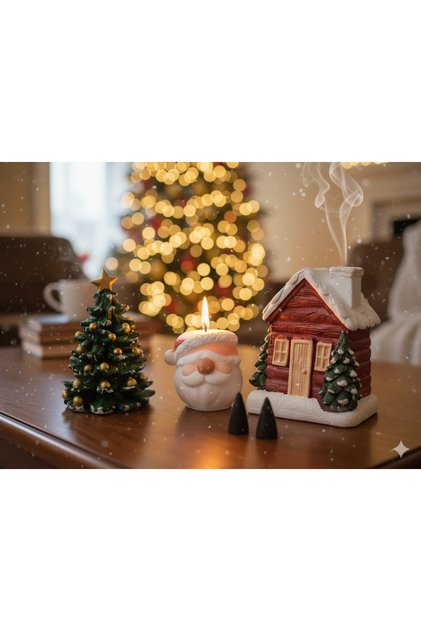 Dekoratif Yılbaşı Seti: Kırmızı Ev Tütsülük, noel baba Mumluk ve Çam Ağacı