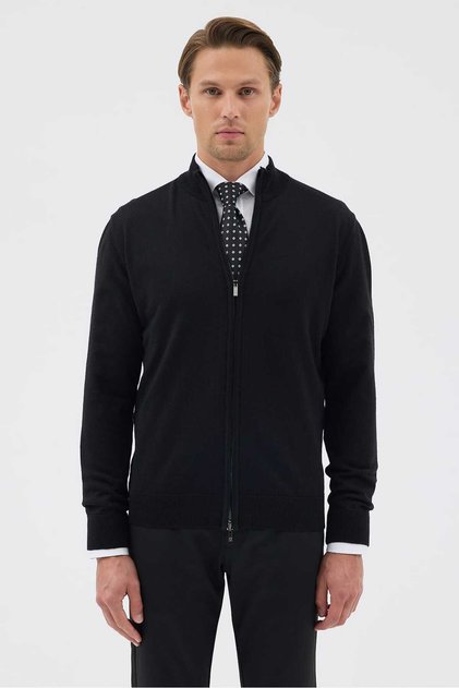 Double Zippered Wool Black Knitwear Cardigan