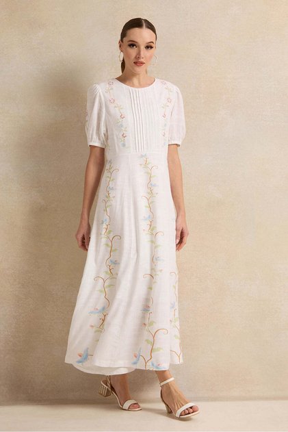 Women White Embroidered Short Sleeves Dress