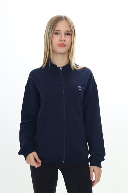Navy Blue Girl's Mock Neck Zippered Pocket Embroidery Printed Knitted Cardigan - 2 Thread